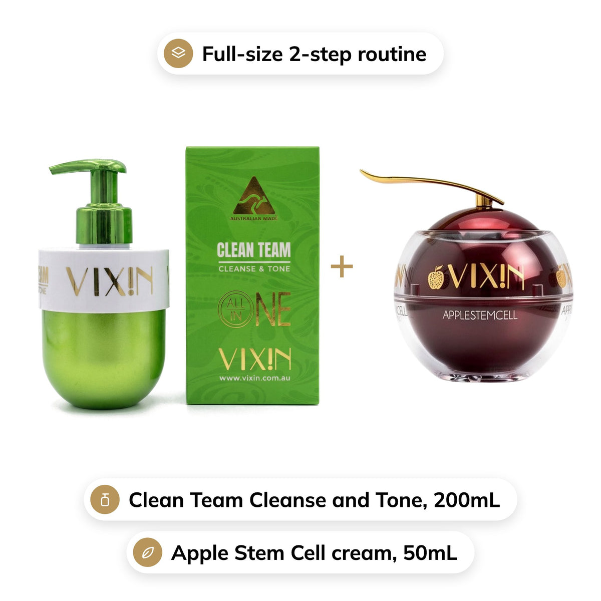 The Duo: Clean Team Cleanse and Tone 200mL plus Apple Stem Cell cream 50mL, a full-size 2-step routine
