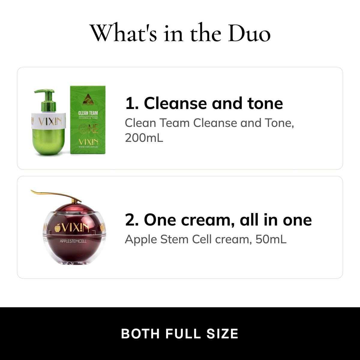 What's in the Duo: 1. cleanse and tone, 2. Apple Stem Cell cream, both full size