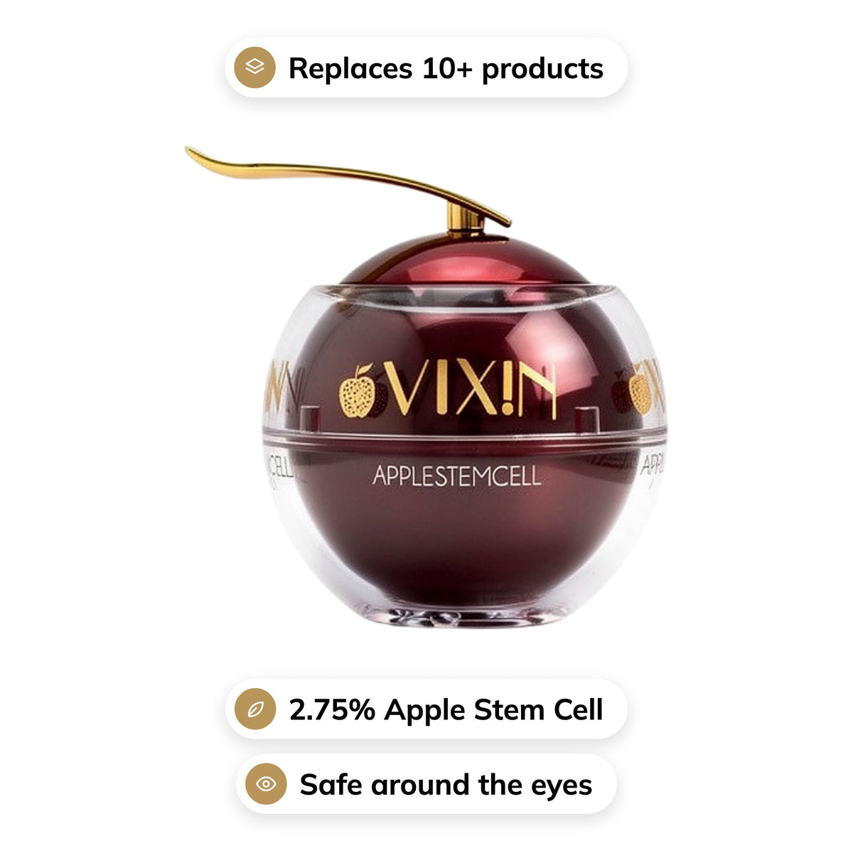 Apple Stem Cell cream jar. Replaces 10+ products, 2.75% Apple Stem Cell, safe around the eyes
