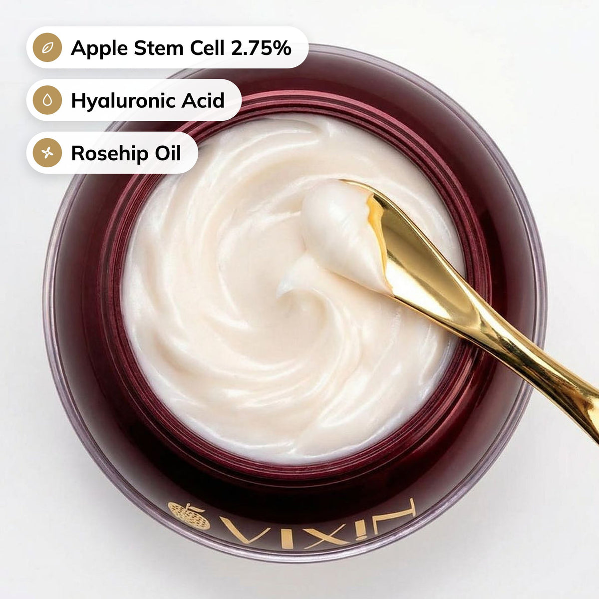 Cream texture with its ingredients: Apple Stem Cell 2.75%, Hyaluronic Acid, Rosehip Oil