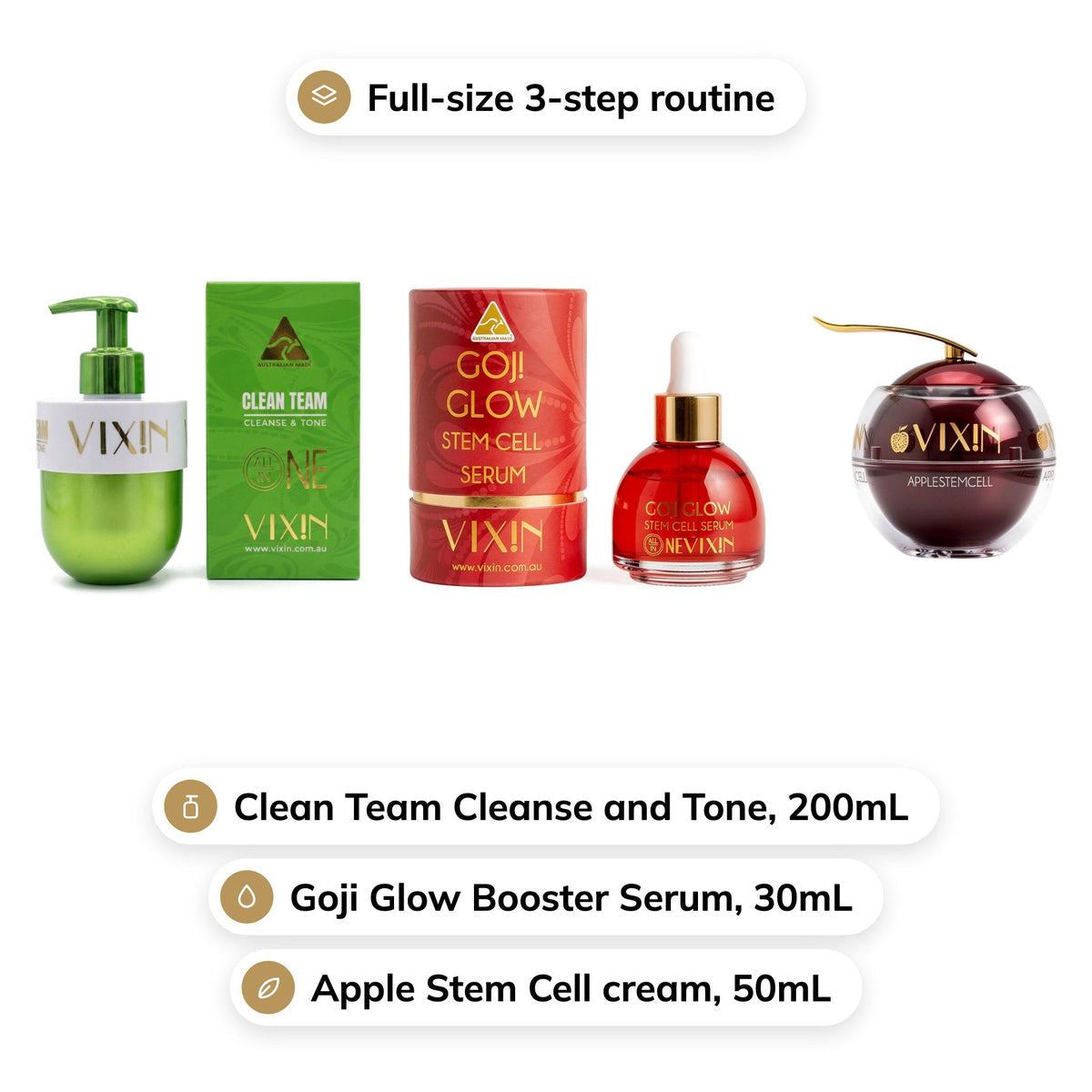 The Complete Routine: Clean Team Cleanse and Tone 200mL, Goji Glow Booster Serum 30mL and Apple Stem Cell cream 50mL