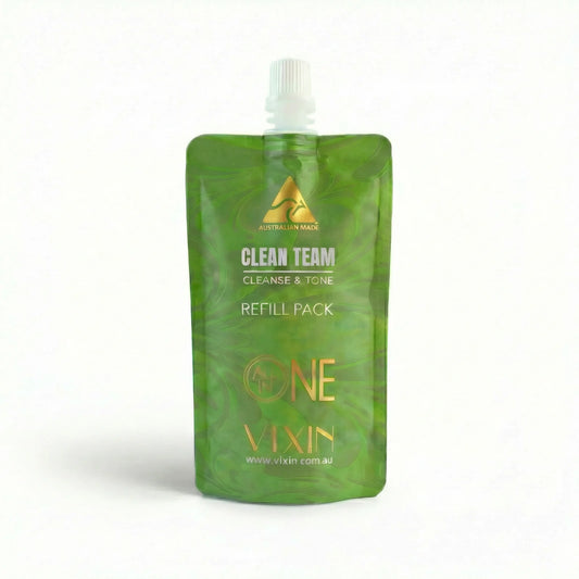 Vixin Clean Team All In One Cleanser and Toner 200mL – Australian made cleansing system finger line salicylic acid gel refill pouch sustainable beauty