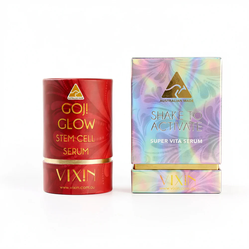 Vixin Goji Glow Serum and Shake To Activate Super Vita Serum 30mL – vitamin-packed brightening serum, Australian skincare peptides antioxidants hyaluronic acid 